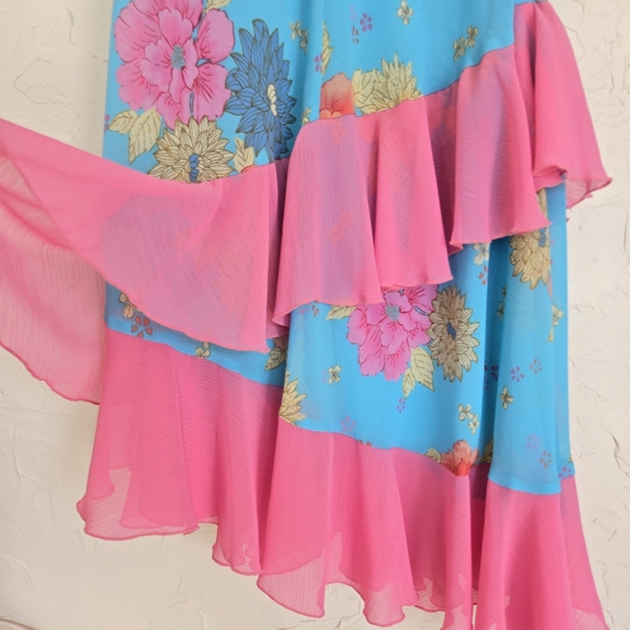 Bisou Bisou Floral Blue Pink Asymmetric Dress - Picture 6 of 9